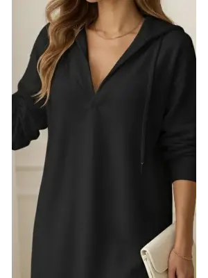 Kadın Uzun Kollu Kapüşonlu Yakası Açık Modal Elbise