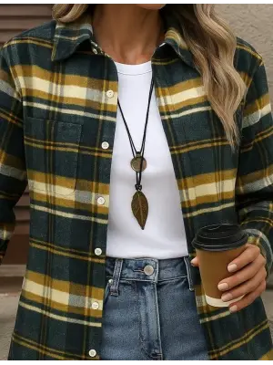 Kadın Uzun Kollu Kare Desenli önden Düğmeli Dokuma Gömlek