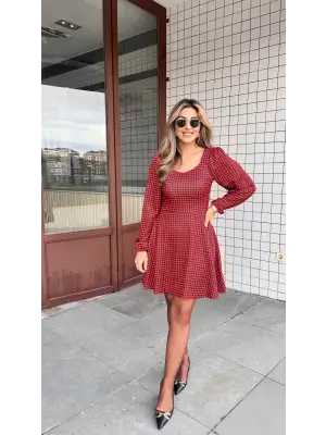 Kadın Uzun Kollu Kare Kalp Yakalı Mini Modal Elbise