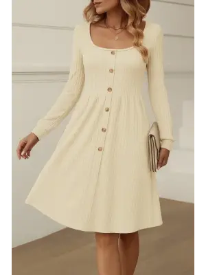 Kadın Uzun Kollu Kare Yaka Düğmeli Kısa şardonlu Iki Iplik Mini Elbise