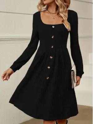 Kadın Uzun Kollu Kare Yaka Düğmeli Kısa şardonlu Iki Iplik Mini Elbise