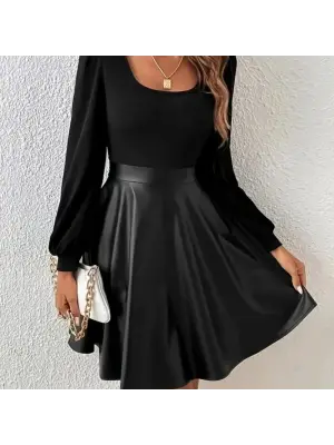 Kadın Uzun Kollu Kare Yaka üst Viskon Alt Deri Mini Elbise