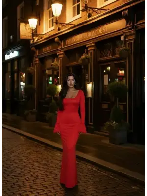 Kadın Uzun Kollu Kare Yaka Volanlı Manşet Detay Maxi Boy Elbise