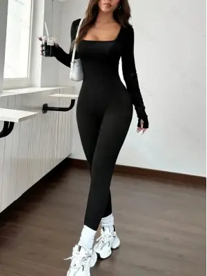 Kadın Uzun Kollu Kare Yakalı Fermuarlı Parmaktan Geçmeli Dalgıç Tulum