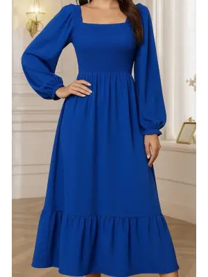 Kadın Uzun Kollu Kare Yakalı Gipeli Uzun Trikoton Elbise