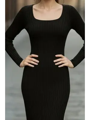 Kadın Uzun Kollu Kare Yakalı Midi şardonlu Kaşkorse Elbise