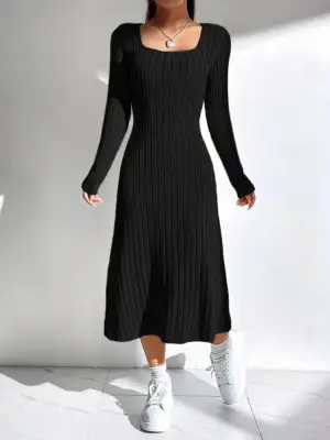 Kadın Uzun Kollu Kare Yakalı Midi şardonlu Kaşkorse Elbise