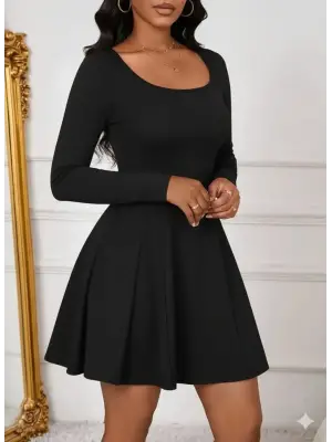 Kadın Uzun Kollu Kare Yakalı Mini Ithal Krep Elbise