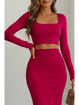 Kadın Uzun Kollu Kaşkorse Crop Ve Etek Takım