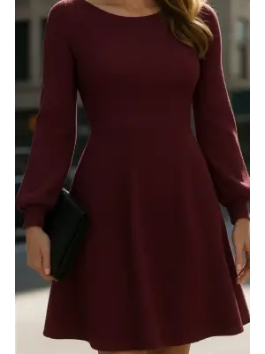 Kadın Uzun Kollu Kayık Yaka Kısa Triko Elbise