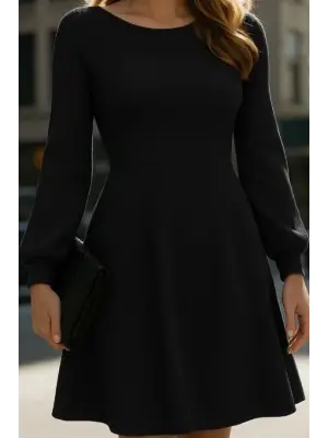 Kadın Uzun Kollu Kayık Yaka Kısa Triko Elbise