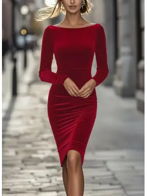 Kadın Uzun Kollu Kayık Yaka Mini Kadife Elbise