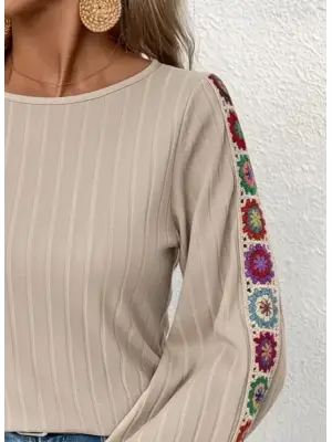 Kadın Uzun Kollu Kayık Yaka şardonlu Kaşkorse Bej Bluz