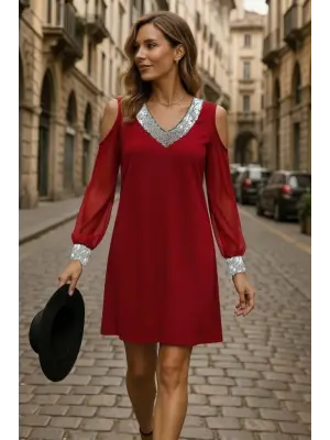 Kadın Uzun Kollu Kollar Tül V Yakalı Mini Janjan Krep Elbise