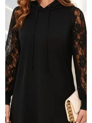 Kadın Uzun Kollu Kolları Dantel Detaylı Kapşonlu Bağcıklı Kısa Viskon Iki Iplik Elbise