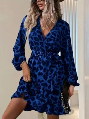 Kadın Uzun Kollu Kruvaze Yaka Belden Kuşaklı çapraz Kesim Detaylı Leopar Modal Mini Elbise