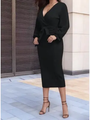 Kadın Uzun Kollu Kruvaze Yaka Belden Kuşaklı Midi Ithal Krep Elbise