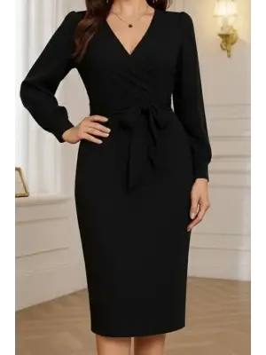 Kadın Uzun Kollu Kruvaze Yaka Belden Kuşaklı Midi Ithal Krep Elbise