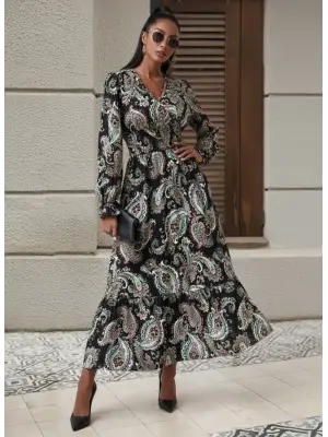 Kadın Uzun Kollu Kruvaze Yaka Beli Lastikli Uzun Desenli Maxi Elbise