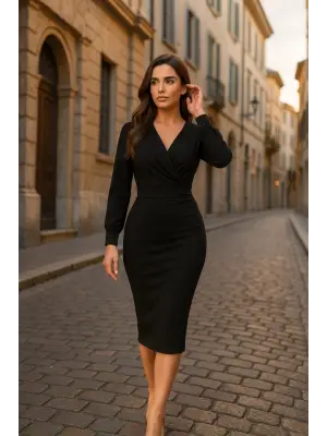 Omarı Kadın Uzun Kollu Krep Kumaş Maxi Elbise