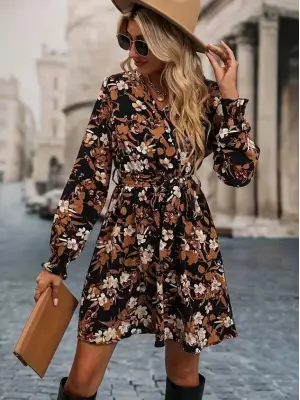Kadın Uzun Kollu Kruvaze Yaka çiçek Desenli Dalgıç Elbise