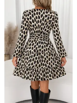 Kadın Uzun Kollu Kruvaze Yaka Desenli Mini Modal Elbise