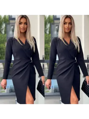 Kadın Uzun Kollu Kruvaze Yaka Etek Kruvaze Kesim Bel Toka Detaylı Krep Elbise