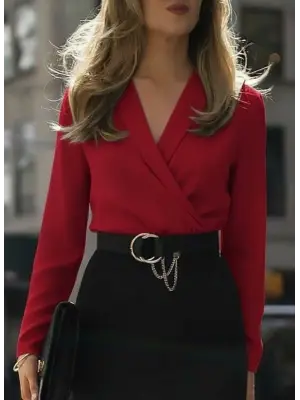 Kadın Uzun Kollu Kruvaze Yaka Janjan Krep Midi Elbise