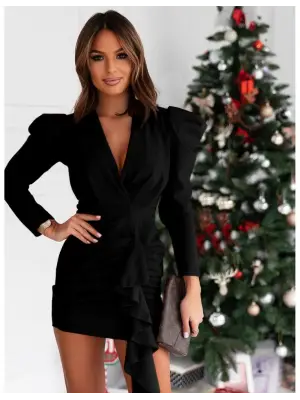 Kadın Uzun Kollu Kruvaze Yaka Karpuz Kol Eteği Fırfır Detay Krep Mini Elbise