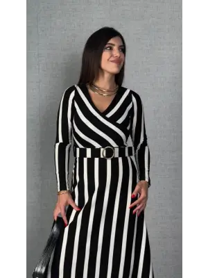 Kadın Uzun Kollu Kruvaze Yaka Kemer Dahil çizgili Triko Elbise