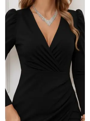 Kadın Uzun Kollu Kruvaze Yaka Kol Detaylı Ithal Krep Mini Elbise