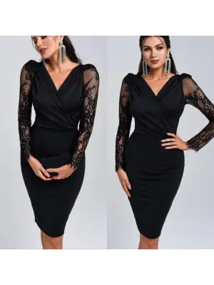 Kadın Uzun Kollu Kruvaze Yaka Kollar Tül Detay Ithal Krep Mini Boy Elbise