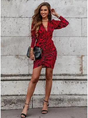 Kadın Uzun Kollu Kruvaze Yaka ön Kısım Büzgülü Dalgıç Mini Boy Elbise