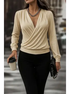 Kadın Uzun Kollu Kruvaze Yaka Sandy Bluz