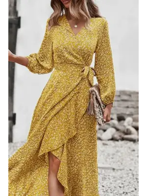 Kadın Uzun Kollu Kruvaze Yaka Yandan Bağlamalı önden Fırfır Detaylı Süprem Uzun Elbise