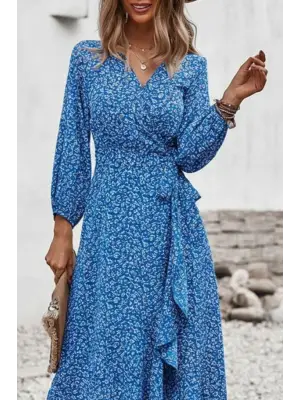 Kadın Uzun Kollu Kruvaze Yaka Yandan Bağlamalı önden Fırfır Detaylı Süprem Uzun Elbise