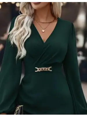 Kadın Uzun Kollu Kruvaze Yaka Yandan Büzgülü Asimetrik Detaylı Ithal Krep Mini Elbise