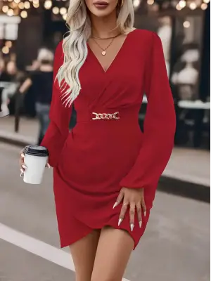 Kadın Uzun Kollu Kruvaze Yaka Yandan Büzgülü Asimetrik Detaylı Ithal Krep Mini Elbise