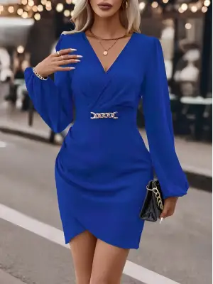 Kadın Uzun Kollu Kruvaze Yaka Yandan Büzgülü Asimetrik Detaylı Ithal Krep Mini Elbise