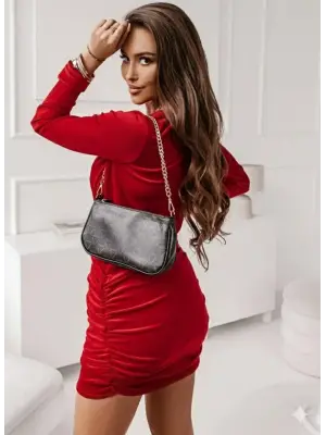 Kadın Uzun Kollu Kruvaze Yaka Yandan Büzgülü Mini Ithal Krep Elbise