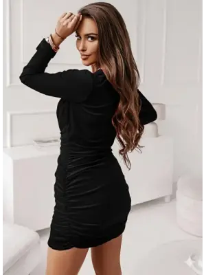 Kadın Uzun Kollu Kruvaze Yaka Yandan Büzgülü Mini Ithal Krep Elbise