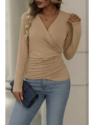 Kadın Uzun Kollu Kruvaze Yaka Yanlardan Büzgülü Viskon Bluz