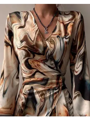 Kadın Uzun Kollu Kruvaze Yakalı Asimetrik Detaylı Mini Modal Elbise