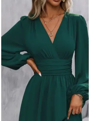 Modern Mini Elbise Kadın Uzun Kollu Kruvaze Yakalı