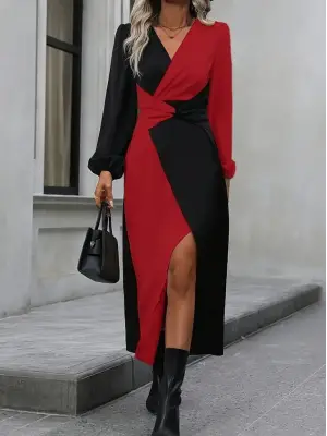 Kadın Uzun Kollu Kruvaze Yakalı Belden çapraz Detaylı çift Renkli Midi Ithal Krep Elbise
