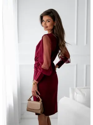 Kadın Uzun Kollu Kruvaze Yakalı Belden Kemerli Mini Ithal Krep Elbise