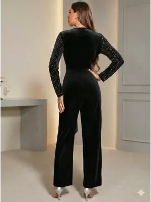 Kadın Uzun Kollu Kruvaze Yakalı Belden Kuşaklı ışıltılı Kadife Tulum