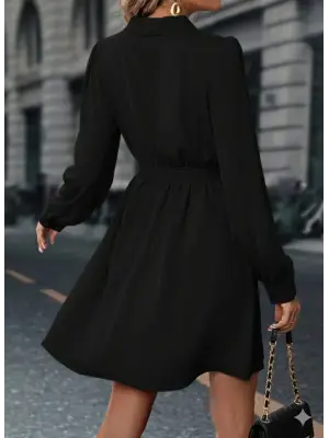 Kadın Uzun Kollu Kruvaze Yakalı Belden Kuşaklı Mini çift Katlı Ithal Krep Elbise