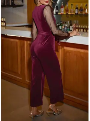 Kadın Uzun Kollu Kruvaze Yakalı Belden Kuşaklı Tül Detaylı Kadife Tulum