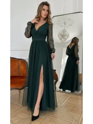 Kadın Uzun Kollu Kruvaze Yakalı Belden Kuşaklı Tüllü Uzun Ithal Krep Elbise